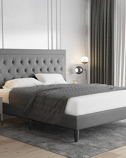 Allewie Queen Size Bed Frame Upholstered Platform Bed with Adjustable Headboard, Button Tufted, Wood Slat Support, Easy Assembly, Light Grey - LeafyLoom