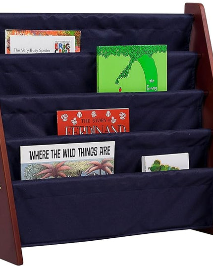 Wildkin Kids Canvas Sling Bookshelf for Boys and Girls, Wooden Design Features Four Fabric Shelves, Keep Bedrooms, Playrooms, and Classrooms Organized, Measures 25 x 24 x 11 Inches (Cherry w/ Blue) - LeafyLoom