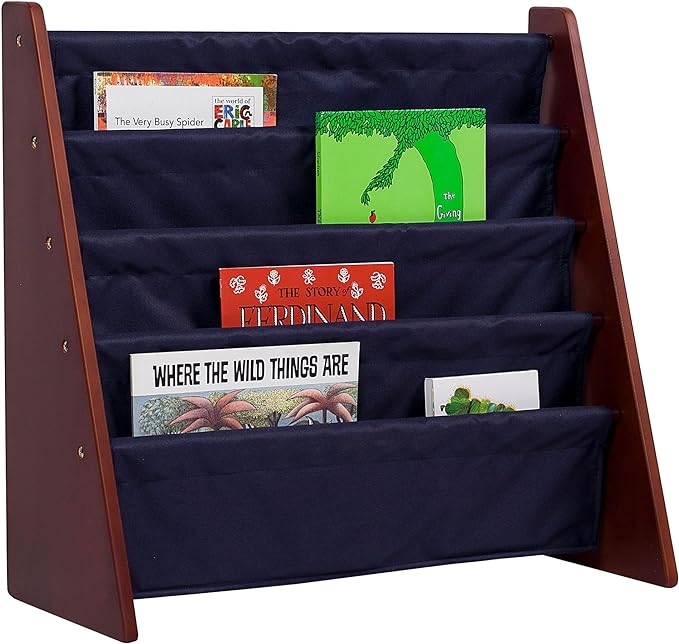 Wildkin Kids Canvas Sling Bookshelf for Boys and Girls, Wooden Design Features Four Fabric Shelves, Keep Bedrooms, Playrooms, and Classrooms Organized, Measures 25 x 24 x 11 Inches (Cherry w/ Blue) - LeafyLoom