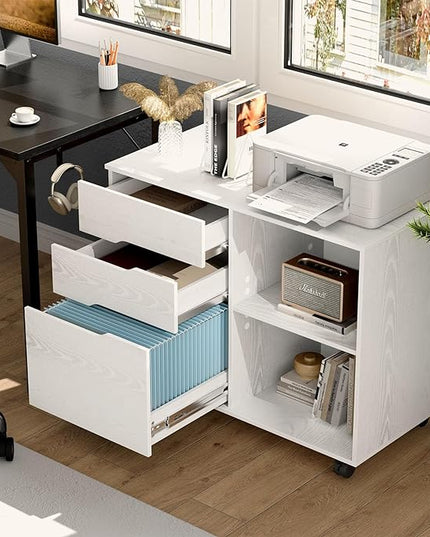 OLIXIS 3 Drawer File Cabinet Lateral Printer Stand with Adjustable Storage Shelves for Home Office Small Space, White - LeafyLoom