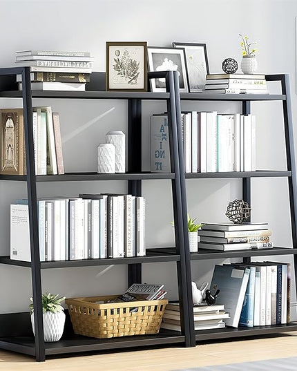 IOTXY 4 Tier Open Bookshelf - Steel and Wood Display Stand, 50CM Width Floor-Standing Bookcase, Black - LeafyLoom