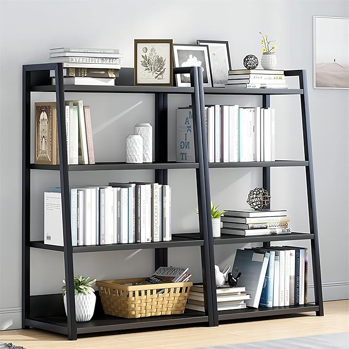 IOTXY 4 Tier Open Bookshelf - Steel and Wood Display Stand, 50CM Width Floor-Standing Bookcase, Black - LeafyLoom