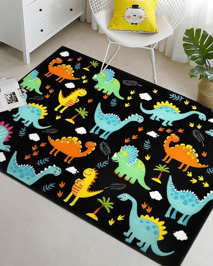 Capslpad Black Dinosaur Kids Play Rug for Boys Bedroom Non Slip Cartoon Kids Area Rug Washable Kids Play Mat for Dinosaur Room Kids Room Nursery Decor,5'2" x 3'3" - LeafyLoom