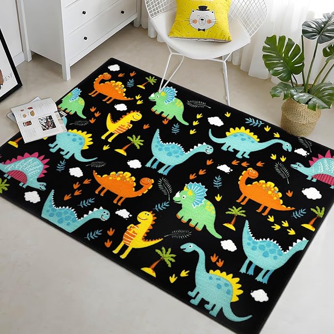 Capslpad Black Dinosaur Kids Play Rug for Boys Bedroom Non Slip Cartoon Kids Area Rug Washable Kids Play Mat for Dinosaur Room Kids Room Nursery Decor,5'2" x 3'3" - LeafyLoom