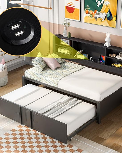 Metal Twin Size Daybed with Twin-Size Trundle, Storage Shelves and USB Ports, BookcaseMetal-Slats Support,No Box Spring Required,for Bedroom/Apartment/Guest-Room,Black - LeafyLoom