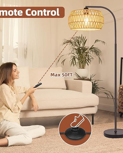 Rattan Standing Lamp with Remote and Dimmable Bulb, Bronze Arch Floor Lamp, Over Couch Lamp with Foot Switch, Brown Boho Lamp for Living Room, Bedroom, Office, Classroom - LeafyLoom