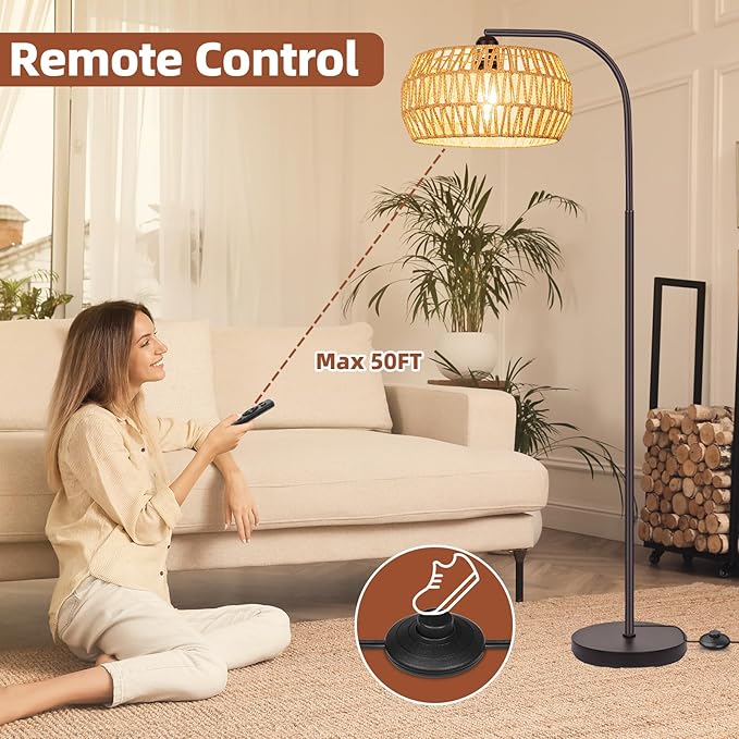 Rattan Standing Lamp with Remote and Dimmable Bulb, Bronze Arch Floor Lamp, Over Couch Lamp with Foot Switch, Brown Boho Lamp for Living Room, Bedroom, Office, Classroom - LeafyLoom