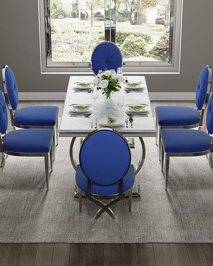 ACEDÉCOR Blue Dining Room Chairs, Blue Velvet Dining Chair with Mirrored Silver X-Shaped Stainless Steel Legs, Mid Century Modern Upholstered Dining Chairs for Dining Room, Kitchen, Living Room - LeafyLoom