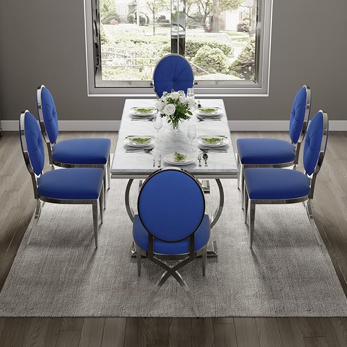 ACEDÉCOR Blue Dining Room Chairs, Blue Velvet Dining Chair with Mirrored Silver X-Shaped Stainless Steel Legs, Mid Century Modern Upholstered Dining Chairs for Dining Room, Kitchen, Living Room - LeafyLoom