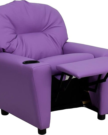 Flash Furniture Chandler Vinyl Kids Recliner with Cup Holder and Safety Recline, Contemporary Reclining Chair for Kids, Supports up to 90 lbs., Lavender - LeafyLoom