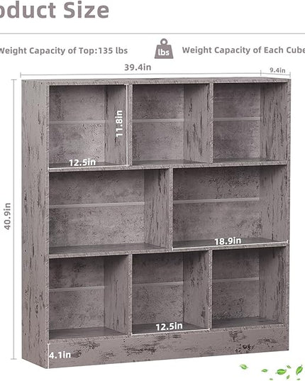 LEYAOYAO 8 Cube Bookshelf with Base,3 Tier Mid-Century Modern Grey Bookcase,Standing Wide Bookshelves Storage Organizer Shelf,Rustic Wood Display Cabinet Book Shelves for Bedroom,Living Room,Office - LeafyLoom