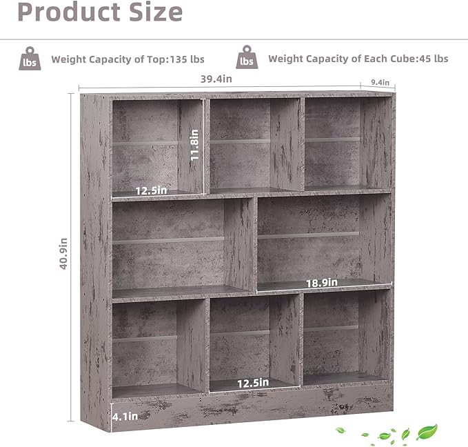 LEYAOYAO 8 Cube Bookshelf with Base,3 Tier Mid-Century Modern Grey Bookcase,Standing Wide Bookshelves Storage Organizer Shelf,Rustic Wood Display Cabinet Book Shelves for Bedroom,Living Room,Office - LeafyLoom