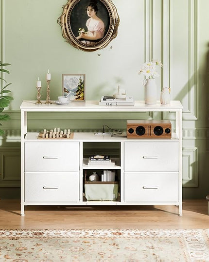 TV Stand Dresser with Power Outlets and LED Lights, 4 Drawers Entertainment Center with Open Shelf, Media Console for 50 43 Inch TV, Dresser with PU Finish, White - LeafyLoom