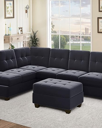 Modular Sectional Sofa for Living Room Furniture Sets, Reversible Chaise, Upholstered L-Shaped Sofa&Couch with Storage Ottoman & Cup Holders, 6 Seat Corner Couch, Black CupHolders - LeafyLoom
