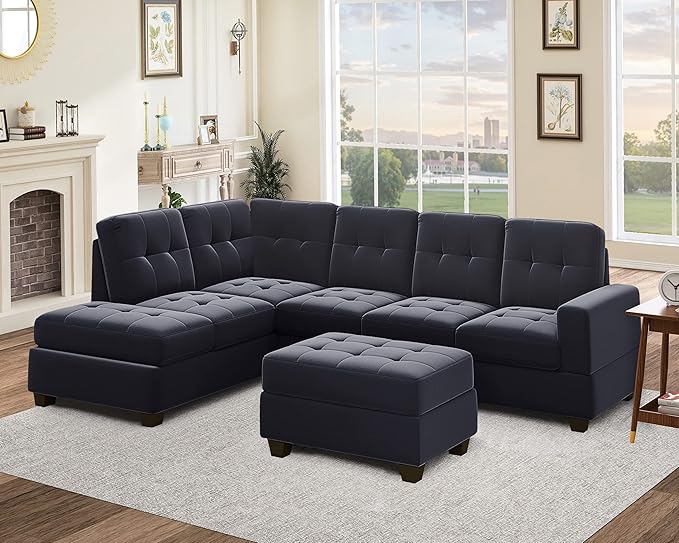Modular Sectional Sofa for Living Room Furniture Sets, Reversible Chaise, Upholstered L-Shaped Sofa&Couch with Storage Ottoman & Cup Holders, 6 Seat Corner Couch, Black CupHolders - LeafyLoom