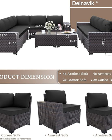 12PCS Patio Furniture Set Sofa Wicker Sectional Sofa Set, Outdoor Furniture Rattan Patio Conversation Set with Cushions and Glass Coffee Table, Black - LeafyLoom
