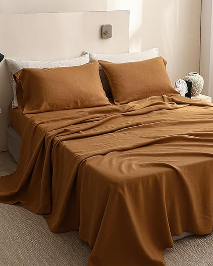 Simple&Opulence 100% Linen Sheet Set Solid Color-4 Pc Washed French Linen Bed Sheets Breathable Bedding Set-1 Flat Sheet,1 Fitted Sheet,2 Pillowcases (Full, Basic Rust) - LeafyLoom