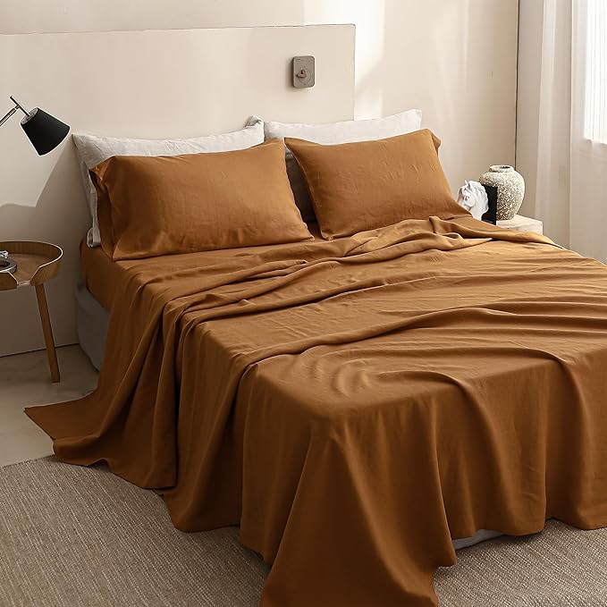 Simple&Opulence 100% Linen Sheet Set Solid Color-4 Pc Washed French Linen Bed Sheets Breathable Bedding Set-1 Flat Sheet,1 Fitted Sheet,2 Pillowcases (Full, Basic Rust) - LeafyLoom
