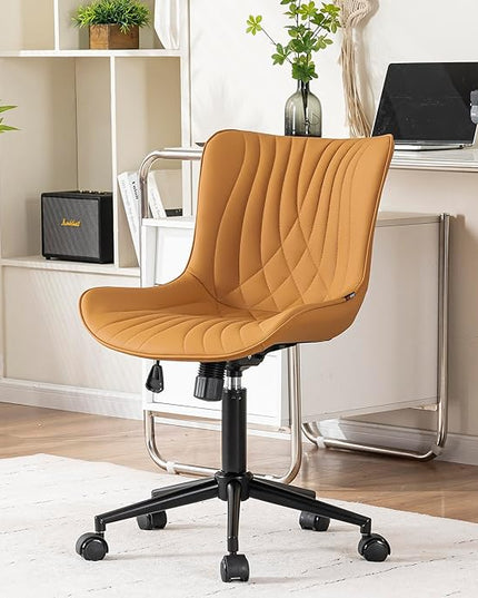 YOUNIKE Office Chair, Armless Desk Chair with Wheels, Home Office Computer Task Chairs, Modern Faux Leather Upholstered Vanity Chair, Adjustable Swivel Rocking Chair with Back, Saffron Tan - LeafyLoom