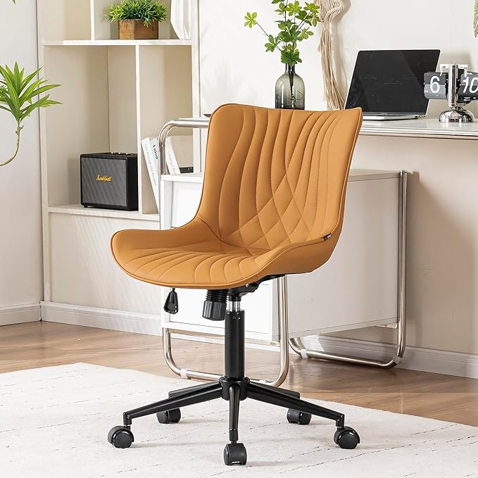 YOUNIKE Office Chair, Armless Desk Chair with Wheels, Home Office Computer Task Chairs, Modern Faux Leather Upholstered Vanity Chair, Adjustable Swivel Rocking Chair with Back, Saffron Tan - LeafyLoom