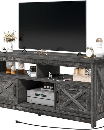 YITAHOME Mid Century Modern TV Stand for 65 inch with Power Outlet, Entertainment Center Table with Storage Cabinets and Open Shelves, Farmhouse TV Media Console for Living Room, Dark Grey - LeafyLoom