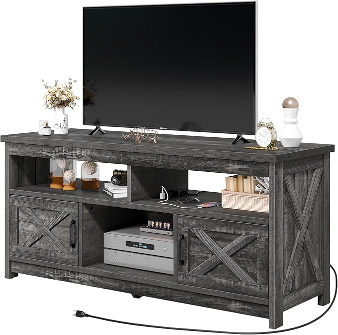 YITAHOME Mid Century Modern TV Stand for 65 inch with Power Outlet, Entertainment Center Table with Storage Cabinets and Open Shelves, Farmhouse TV Media Console for Living Room, Dark Grey - LeafyLoom