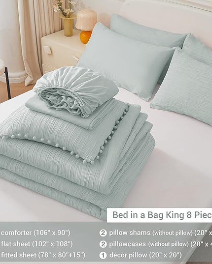 8 Piece Woven Texture King Size Comforter Set Green, Bed in A Bag Bedding King with Comforter and Sheets, Soft Lightweight Comforter Set with Deocor Throw Pillow, Sage Green - LeafyLoom