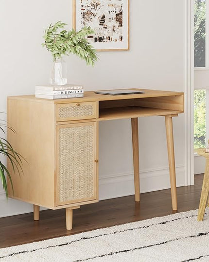 Nathan James Jacklyn Modern Home Office Writing Desk and Mina Rattan Wood End Side Accent Table Nightstand, Natural Brown and Oak/Black - LeafyLoom