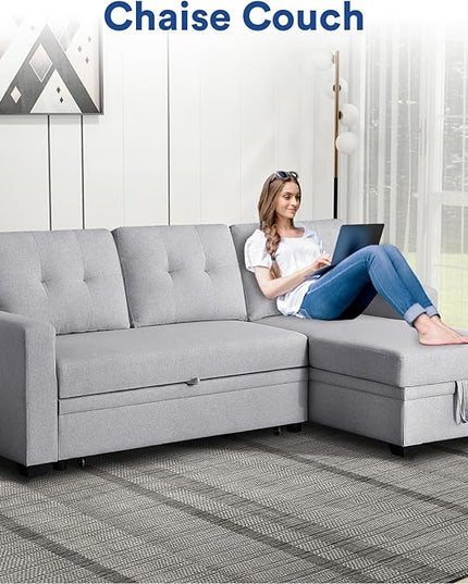 4-in-1 Convertible L Shaped Couch with Pull Out Bed and Storage Sectional Sleeper Sofa with Reversible Chaise for Living Room, Apartment, Bedroom, Office, Silver - LeafyLoom