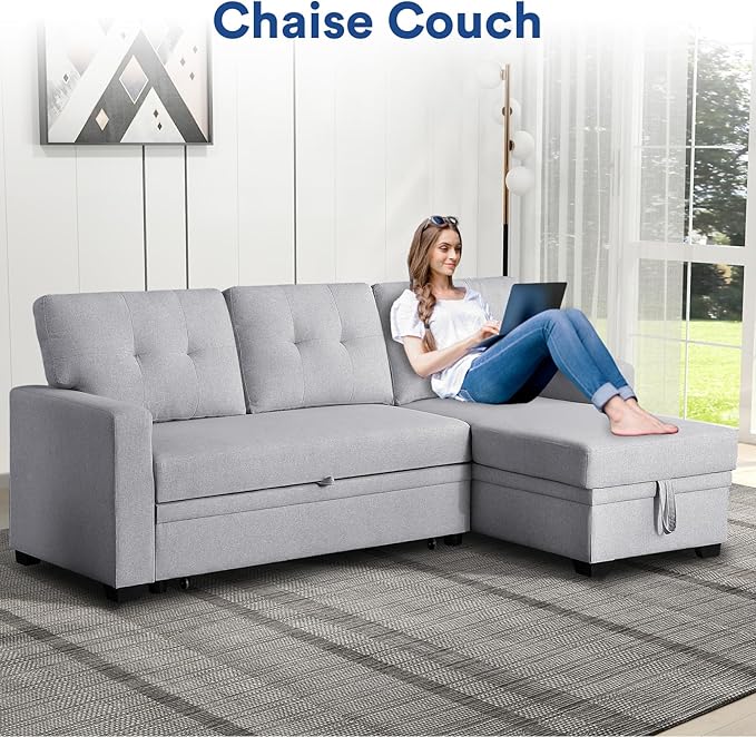 4-in-1 Convertible L Shaped Couch with Pull Out Bed and Storage Sectional Sleeper Sofa with Reversible Chaise for Living Room, Apartment, Bedroom, Office, Silver - LeafyLoom