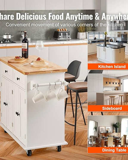 VEVOR Kitchen Island Cart with Solid Wood Top, 35.4" Width Mobile Carts with Storage Cabinet, Rolling Kitchen Table with Spice Rack, Towel Rack, and Drawer, Portable Islands on Wheels, White - LeafyLoom