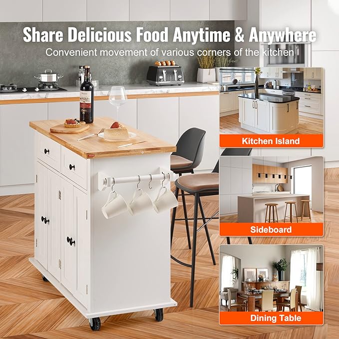 VEVOR Kitchen Island Cart with Solid Wood Top, 35.4" Width Mobile Carts with Storage Cabinet, Rolling Kitchen Table with Spice Rack, Towel Rack, and Drawer, Portable Islands on Wheels, White - LeafyLoom