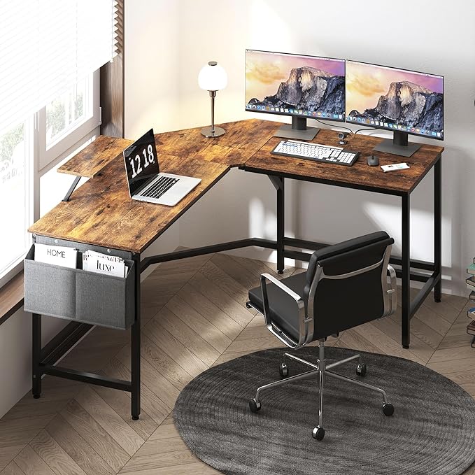 Need L Shaped Computer Desk 59 Inch Gaming Desk with Large Monitor Stand L Desk Corner Desk with Storage Bag for Home Office Writing Rustic Brown - LeafyLoom