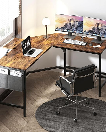 DlandHome Reversible L-Shaped Desk Large Corner Desk Folding Table Computer Desk Home Office Table Computer Workstation, Retro - LeafyLoom