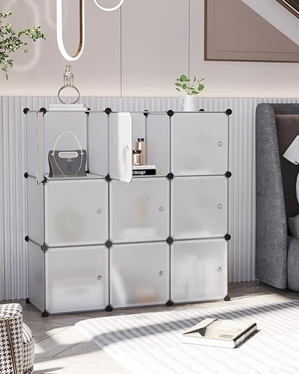 C&AHOME Cube Storage Organizer with Doors, 9-Cube Shelves, Closet Cabinet, DIY Plastic Modular Bookshelf Ideal for Bedroom, Living Room, 36.6”L x 12.4”W x 36.6”H White USBTM3009B-DOOR - LeafyLoom