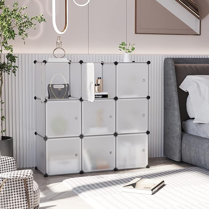 C&AHOME Cube Storage Organizer with Doors, 9-Cube Shelves, Closet Cabinet, DIY Plastic Modular Bookshelf Ideal for Bedroom, Living Room, 36.6”L x 12.4”W x 36.6”H White USBTM3009B-DOOR - LeafyLoom