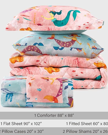 Twin Size Mermaid Kids Bedding Set for Girls, 7 Pieces Super Soft Lightweight Microfiber Comforter Set with Sheets, Bed in a Bag, Durable Children Bed Set - LeafyLoom