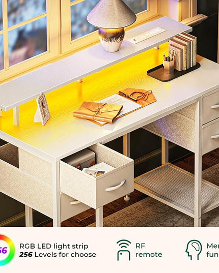 47 inch Computer Desk with 4 Drawers, Gaming Desk with LED Lights & Power Outlets, Home Office Desk with Large Storage Space for Bedroom, Work from Home, White - LeafyLoom