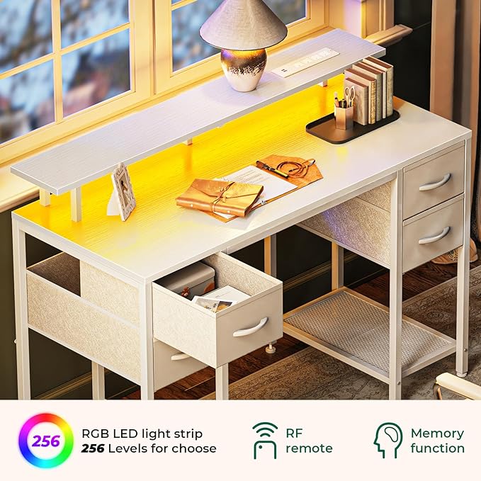 47 inch Computer Desk with 4 Drawers, Gaming Desk with LED Lights & Power Outlets, Home Office Desk with Large Storage Space for Bedroom, Work from Home, White - LeafyLoom