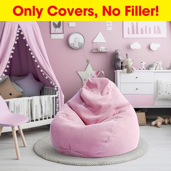 2 Pcs Bean Bag Cover Stuffed Animal Storage Bean Bag Chair Cover Soft Corduroy Stuffed Animal Bean Bag Storage for Kids Adults Indoor Bedroom Organizing Plush Toys(Pink, 100L) - LeafyLoom