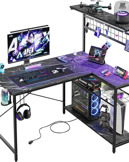 Bestier Gaming Desk with Power Outlets,42 Computer Desk with LED Lights, Reversible Corner Desk with 4-Tier Shelves,Cup Holder & Hook for Home Office,Black Marble - LeafyLoom