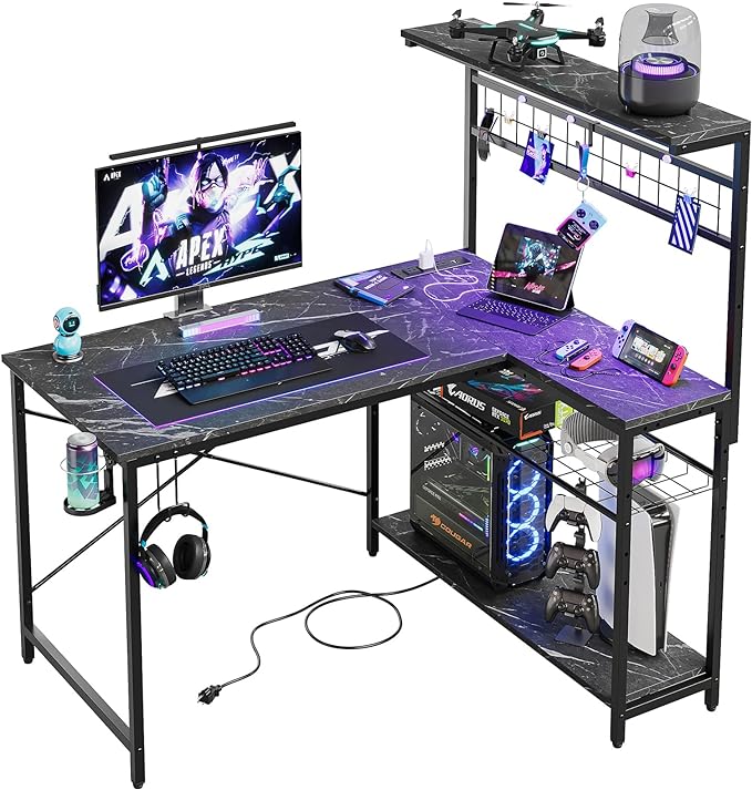 Bestier Gaming Desk with Power Outlets,42 Computer Desk with LED Lights, Reversible Corner Desk with 4-Tier Shelves,Cup Holder & Hook for Home Office,Black Marble - LeafyLoom