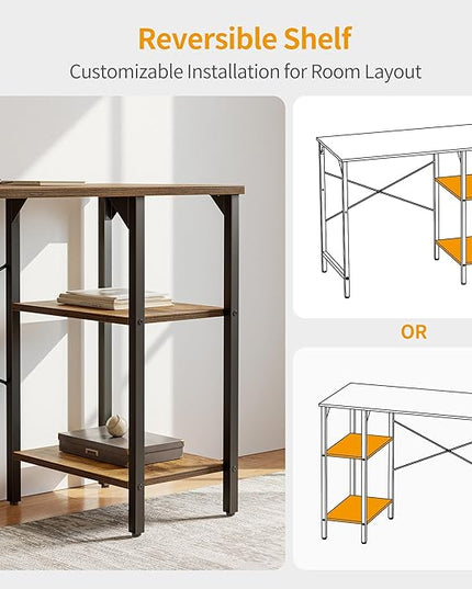 CubiCubi Small Computer Desk, 35 Inch Home Office Desk with 2 Storage Shelves on Left or Right Side, Study Writing Desk with Storage Board, Rustic Brown - LeafyLoom