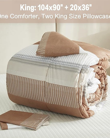 Litanika Beige King Size Comforter Set - 3 Pieces Lightweight Taupe Khaki White Colorblock Stripe Fluffy Bedding Comforter Sets, All Season Bed Set - LeafyLoom