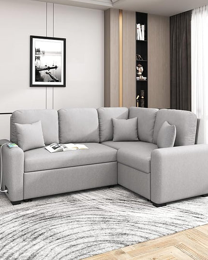 3 in 1 Convertible Sectional Sofa with Pull Out Bed , 87.4" L Shaped Corner Couch with USB Charging Ports & Plug Outlet , Breathable Linen Fabric Conversion Sofabed for Living Room Office Furniture - LeafyLoom