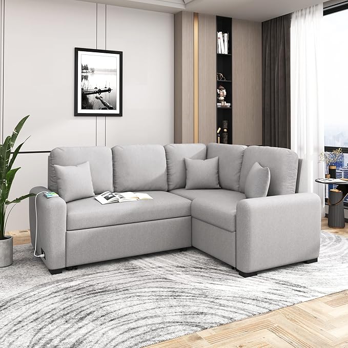 3 in 1 Convertible Sectional Sofa with Pull Out Bed , 87.4" L Shaped Corner Couch with USB Charging Ports & Plug Outlet , Breathable Linen Fabric Conversion Sofabed for Living Room Office Furniture - LeafyLoom