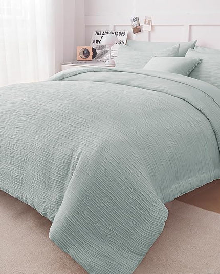 8 Piece Woven Texture King Size Comforter Set Green, Bed in A Bag Bedding King with Comforter and Sheets, Soft Lightweight Comforter Set with Deocor Throw Pillow, Sage Green - LeafyLoom