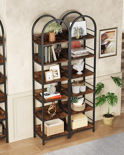78.7 Inches Tall Arched Bookshelf, 6 Tiers Skinny Open Bookcase with Metal Frame, Freestanding Corner Display Shelves Rack for Living Room, Home Office, Brown - LeafyLoom