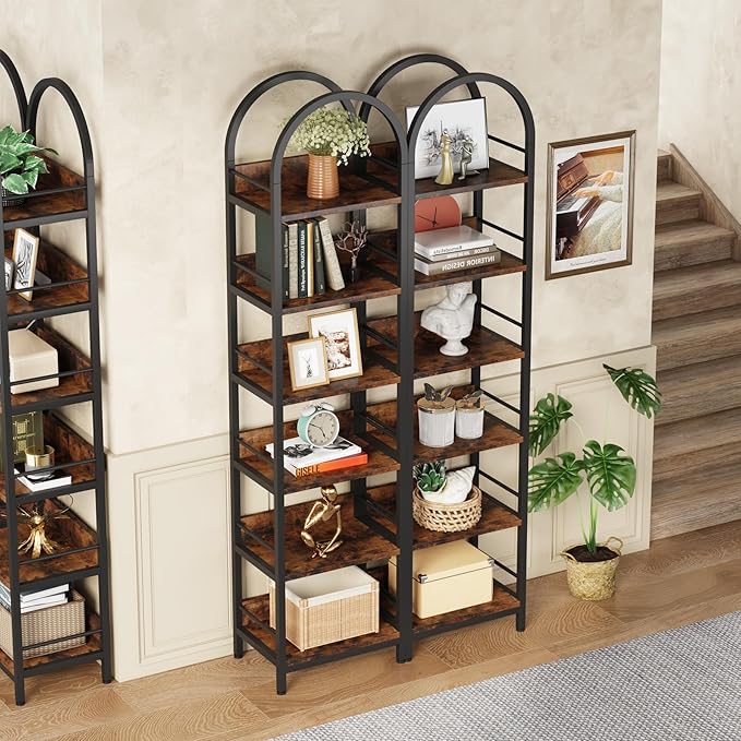 78.7 Inches Tall Arched Bookshelf, 6 Tiers Skinny Open Bookcase with Metal Frame, Freestanding Corner Display Shelves Rack for Living Room, Home Office, Brown - LeafyLoom