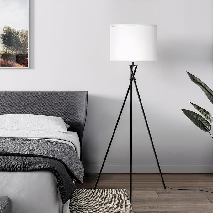 Modern Floor Lamps, 61" Tripod Floor Lamp, Mid Century Lamp with Simple Design, Lamps for Living Room, Bedroom, Office,Tall Standing Lamp with Rocker Swtich, Black White- without Bulb - LeafyLoom